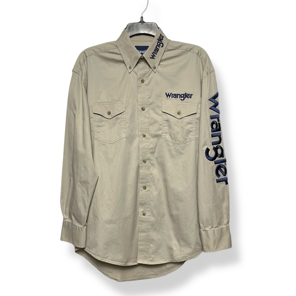 Vintage 90’s Wrangler Men's Khaki beige Shirt with Navy embroidered Accents